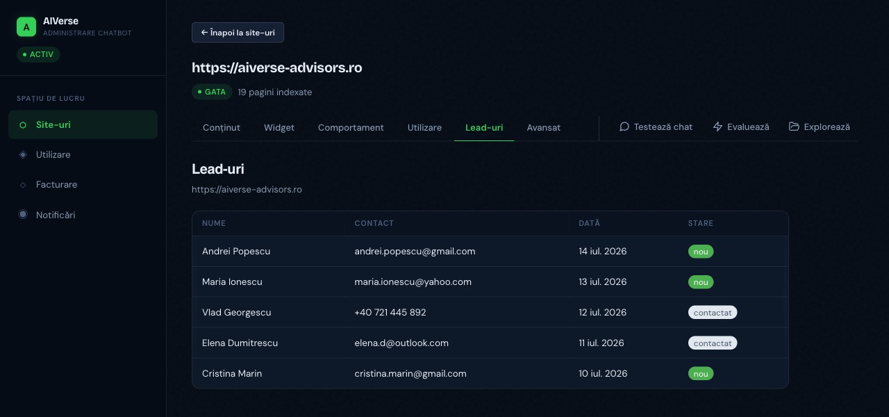 PageHerald leads page showing contacts captured from chat conversations