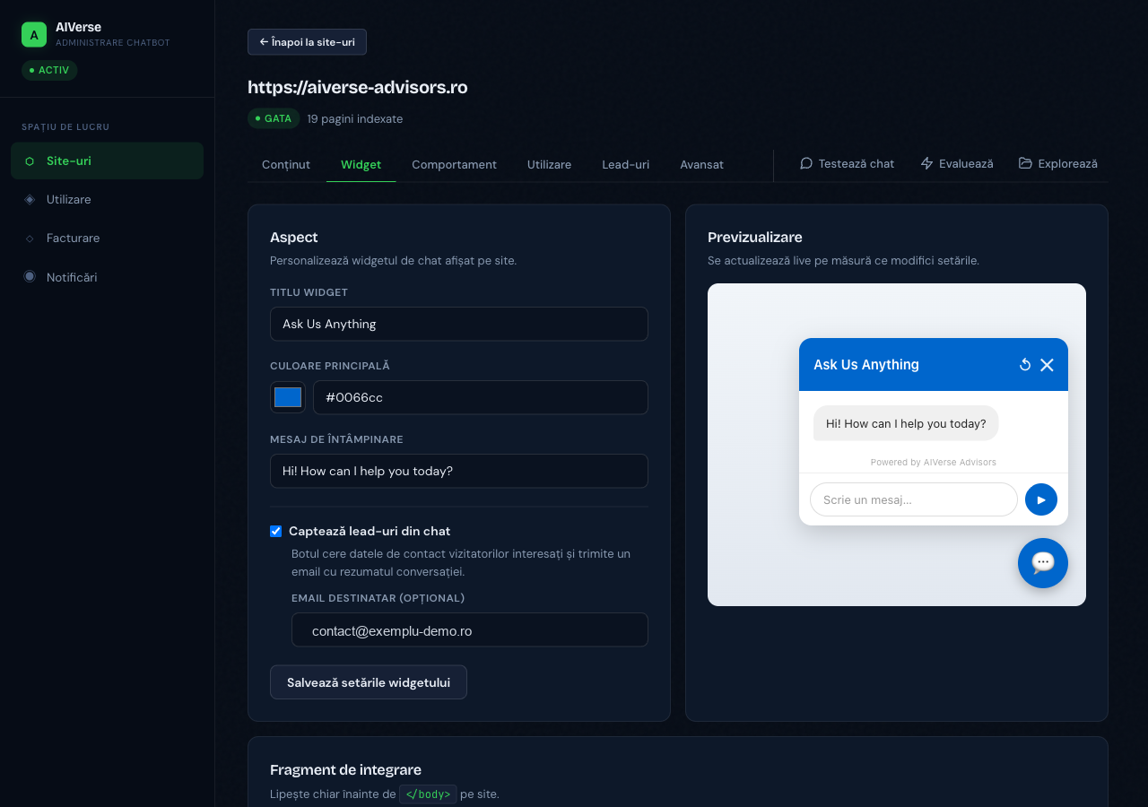 PageHerald widget customization panel with colors and welcome message