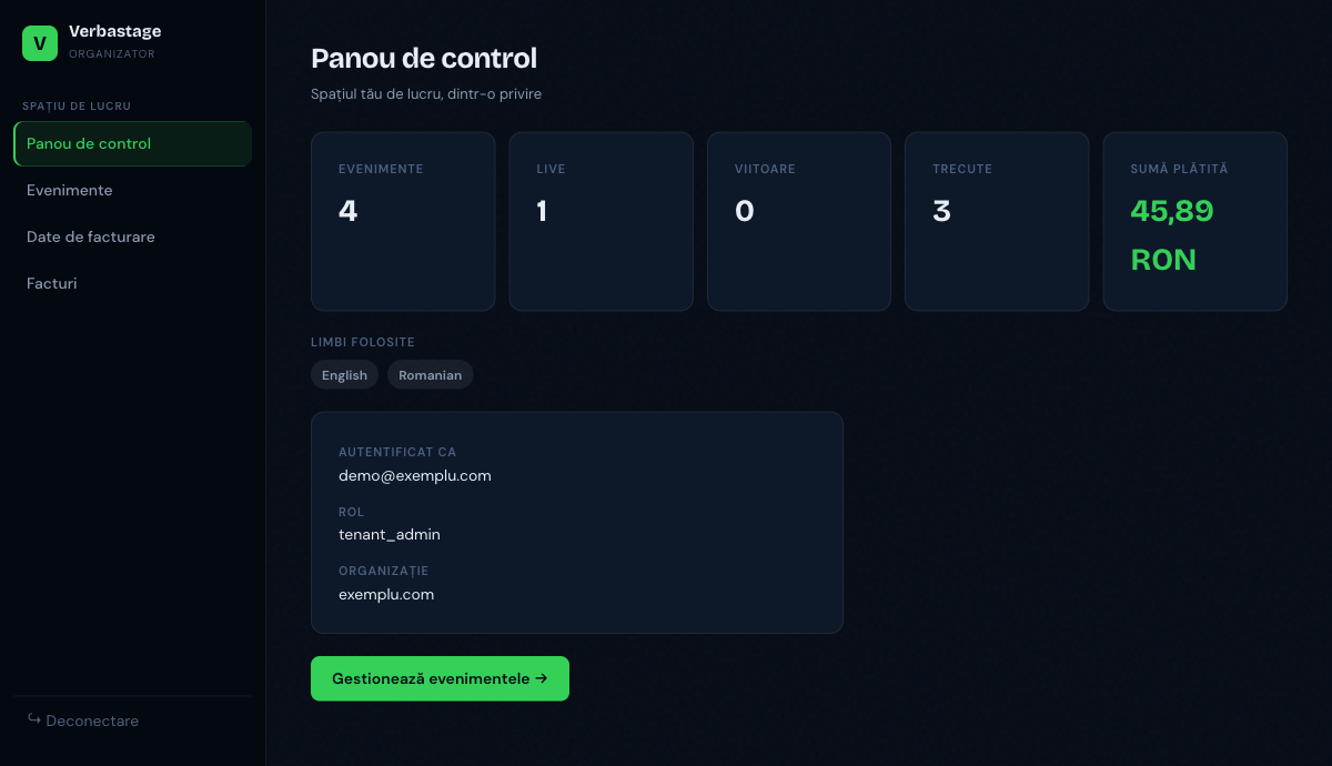 Verbastage organizer dashboard showing event counts and payment summary