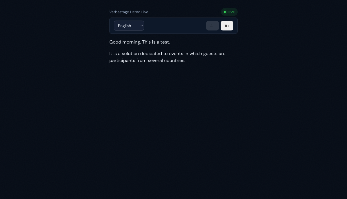 Verbastage public listener page with live subtitles and language and font-size controls